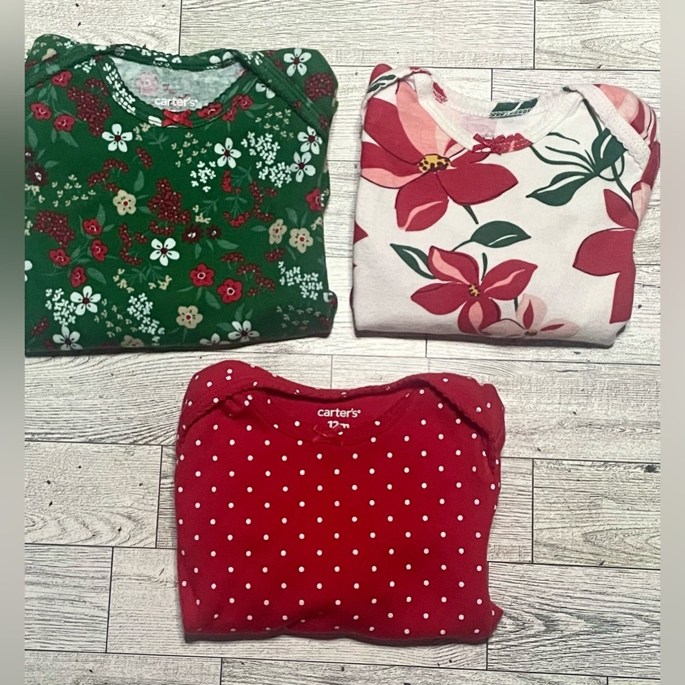 3-Pack Baby Girls Carter’s Holiday Long Sleeve Bodysuits- 12M